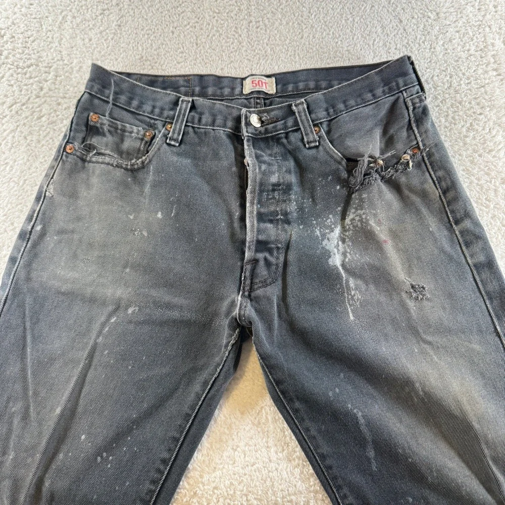 Y2K Levis 501 Jeans Mens 33x32 (tag 34x32) Black Button Fly‎ Straight Distressed